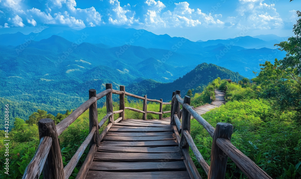 Fototapeta premium Scenic mountain view with wooden pathway and lush greenery under blue sky.
