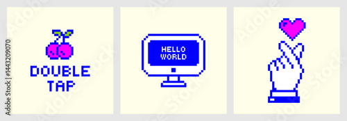 Y2k Pixel stickers for social media. Trendy Fun Blue Prints. Modern Naive Cyber Good vibe. Simple Geometry Futuristic style. Text and Heart gesture. Hello world computer. Double tap with cherries. 