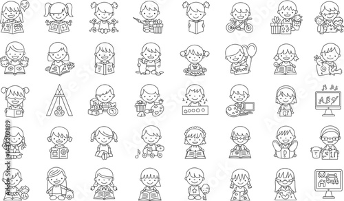 Kindergarten line icon set. Vector pictograms of preschool children activity, drawing, painting, reading, science experiment, cooking, crafting, board games