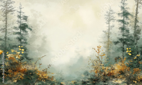 Misty forest landscape with autumn foliage and soft light ambiance.