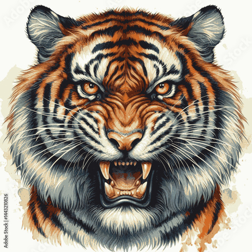 Raging Roar Wash tiger angry isolated watercolor vector illustration svg 
