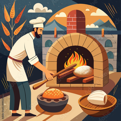 A man is making bread in a bakery. The bread is in the oven and the man is holding a piece of bread