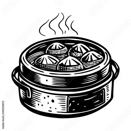 A vintage style illustration of dumpling steamer