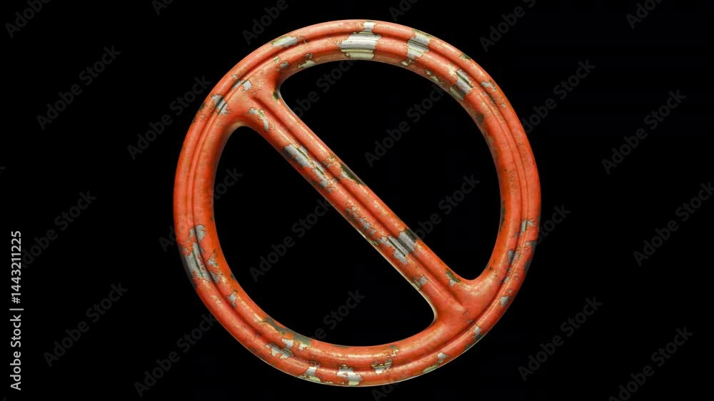 Rotating 3D Worn Metal Prohibition Sign With Peeling Paint, Post-Apocalyptic Style, Seamless Loop, Alpha Channel Rotating 3D Worn Metal Prohibition Sign With Peeling Paint, Post-Apocalyptic Style, Seamless Loop, Alpha Channel