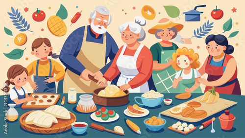 A group of people are gathered around a table with food, including a bowl of rice. Scene is warm and inviting, as the people seem to be enjoying each other's company and sharing a meal together