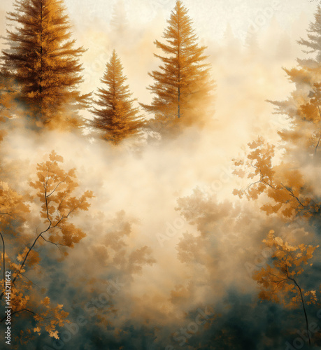 Misty Autumn Forest with Golden Foliage and Evergreen Trees in Soft Light.