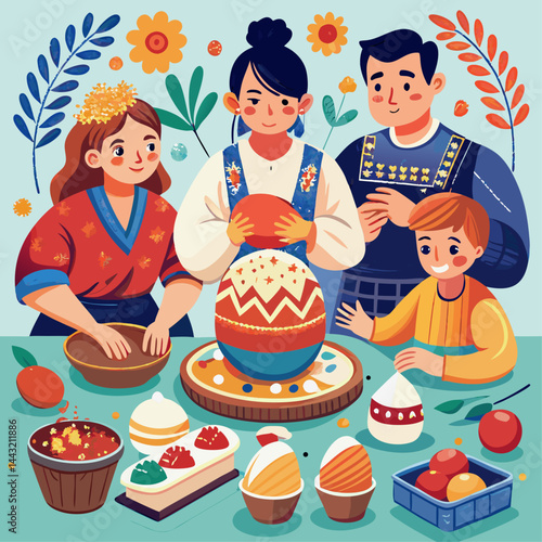 A family is gathered around a table with a cake in the center. The cake is decorated with flowers and fruits, and the family members are working together to prepare it. Scene is warm and inviting