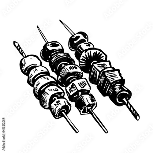 A vintage style illustration of skewers