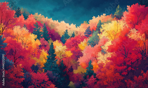 Vibrant autumn forest landscape with colorful foliage and serene atmosphere.