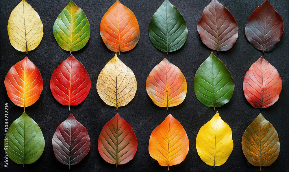 Colorful Autumn Leaves Displayed in Rows Showcasing Seasonal Changes. Colorful Autumn Leaves Displayed in Rows Showcasing Seasonal Changes.