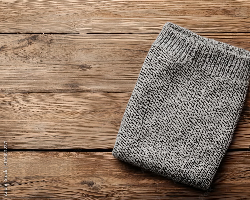 One neatly folded sweater on a wooden surface, simplicity and organization One neatly folded sweater on a wooden surface, simplicity and organization