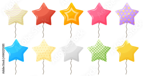 Cartoon glossy star shaped balloon on string, vector icon set.