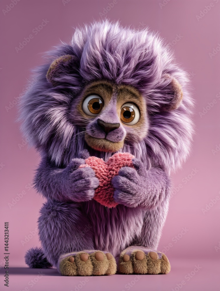 Un cachorro de león púrpura y esponjoso sostiene un corazón rosa, con una expresión adorable y un fondo rosa suave. Un cachorro de león púrpura y esponjoso sostiene un corazón rosa, con una expresión adorable y un fondo rosa suave.