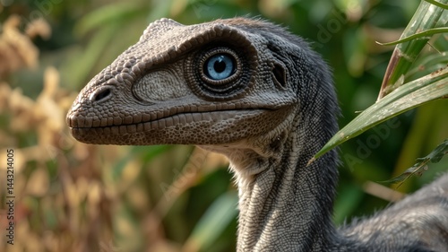 Fototapeta Naklejka Na Ścianę i Meble -  Primer plano de un velociraptor con ojos azules penetrantes, parcialmente oculto entre follaje verde y marrón.