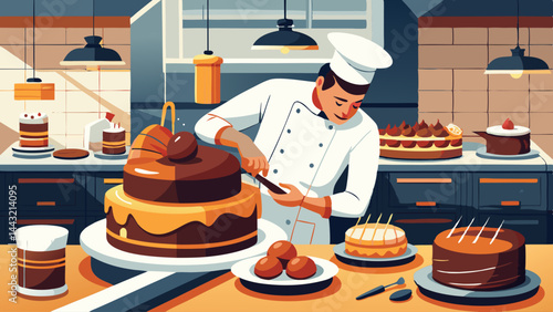 A chef is cutting a cake in a bakery. The bakery is filled with various cakes and pastries, and the chef is surrounded by many bowls and plates. Scene is cheerful and inviting