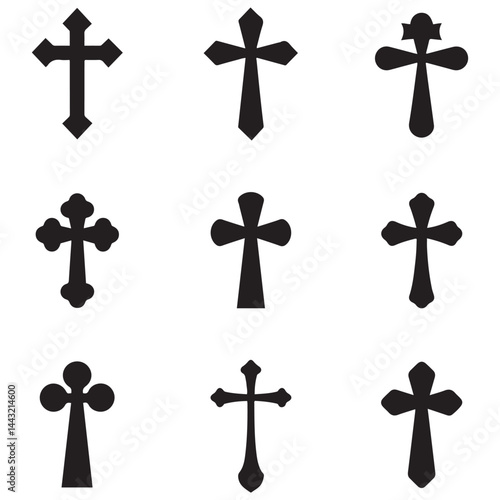 Set of different crosses Vector Black silhouettes. with white background