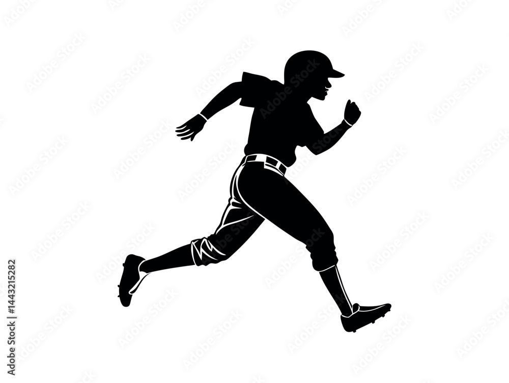 Obraz premium Silhouette of a Baseball Player Running, A dynamic silhouette of a baseball player in a full sprint vector illustration design .baseball player, running, speed, athlete, sport, fast, silhouette, blac