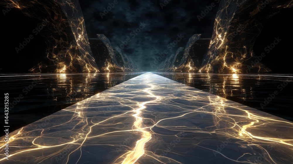 Obraz premium Glowing Energy Path Through Dark Reflective Landscape Abstract Digital Art