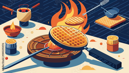 A cartoonish drawing of a waffle iron with a pan of waffles on top of it. The waffles are golden brown and appear to be cooking. There are also other items on the table, such as a cup, a bowl