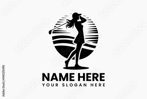 Minimalist female golfer silhouette logo vector, woman holding golf club isolated on white background for elegant sports branding