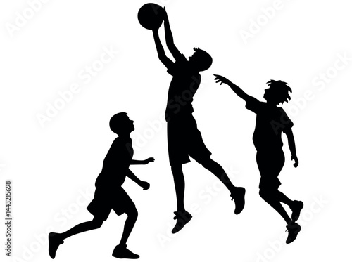 Silhouette of Children Playing Basketball, sport dynamic vector silhouette image shows three children engaged in a basketball game.Children, Kids, Basketball, Sport, Players, Action, Jumping, Running,