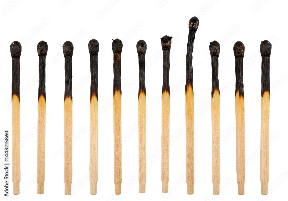 Group of burnt matches in varying degrees of consumption isolated on transparent background Group of burnt matches in varying degrees of consumption isolated on transparent background