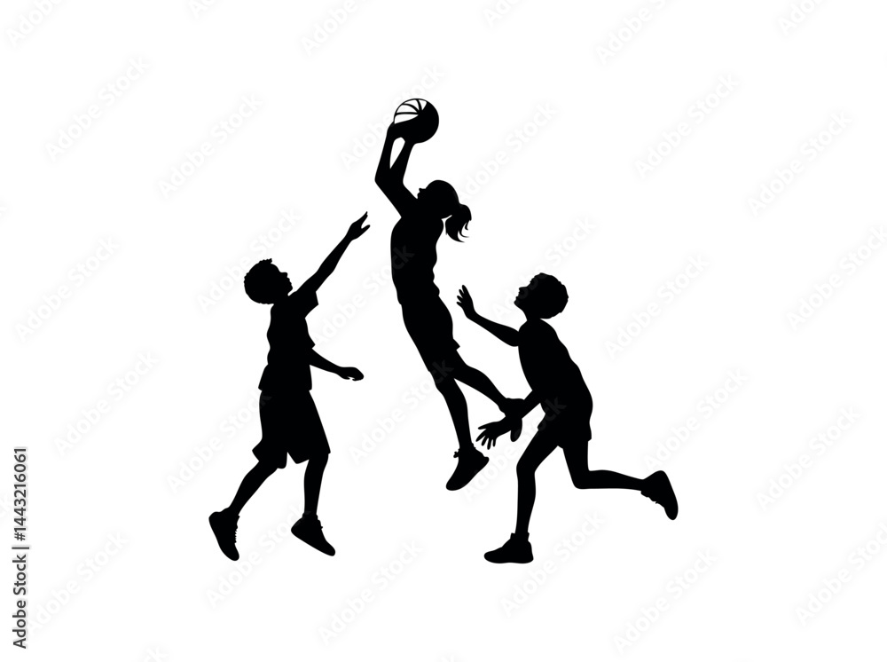 Fototapeta premium Silhouette of Children Playing Basketball, Dynamic silhouette of children playing basketball, showcasing various stages of the action. children, kids, boys, basketball, playing, sport, activity, jumpi