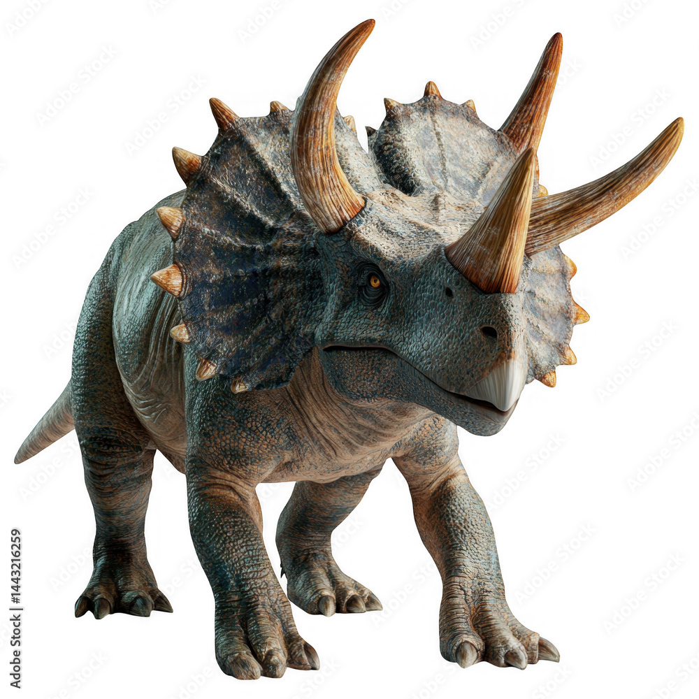 Fototapeta premium Triceratops Dinosaur: An imposing Triceratops dinosaur with three horns and a large frill stands on a white background. Its scaly skin and sharp horns create a powerful and intimidating presence.