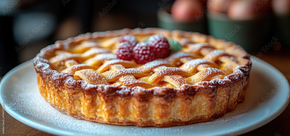 Delicious Raspberry Tart with Lattice Crust, Golden Brown Pastry, and Powdered Sugar Delicious Raspberry Tart with Lattice Crust, Golden Brown Pastry, and Powdered Sugar