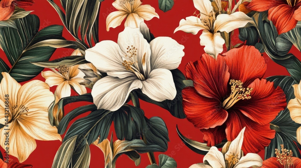 Fototapeta premium Vibrant Tropical Floral Paradise: A Seamless Pattern of Hibiscus and Exotic Blooms