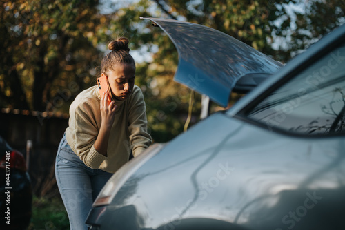 Fotografie A woman is standing next to her car with the hood open, speaking on her phone, suggesting a breakdown or mechanical issue in a countryside environment