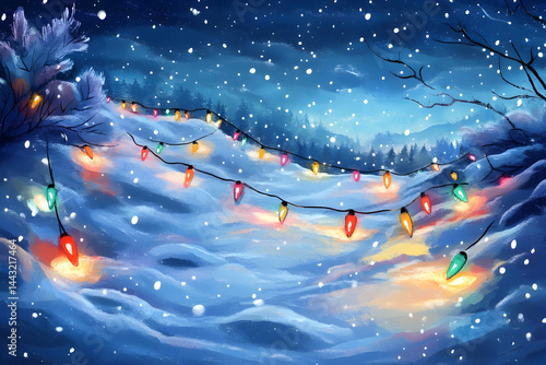 christmas lights  in the snow