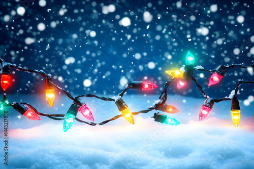 christmas lights on the snow