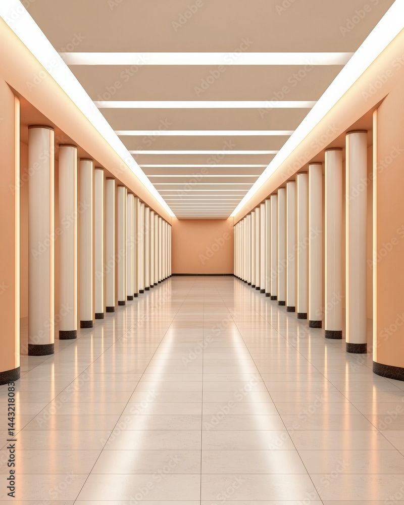 Fototapeta premium Symmetrical corridor with white columns, peach walls, glowing ceiling lights, and glossy tiled floor, modern and calm