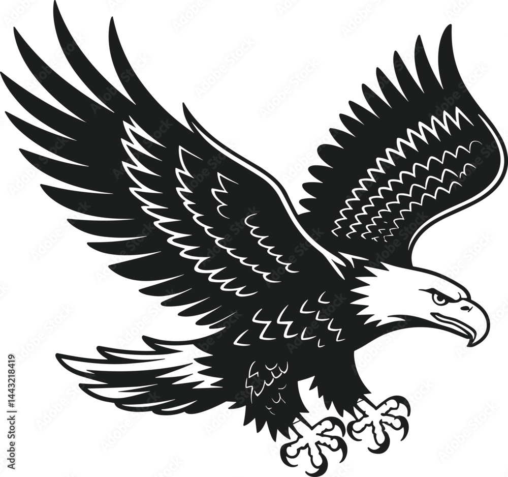 Obraz premium Flying Bald Eagle Silhouette Vector – Patriotic American Symbol for Independence Day and National Pride Designs