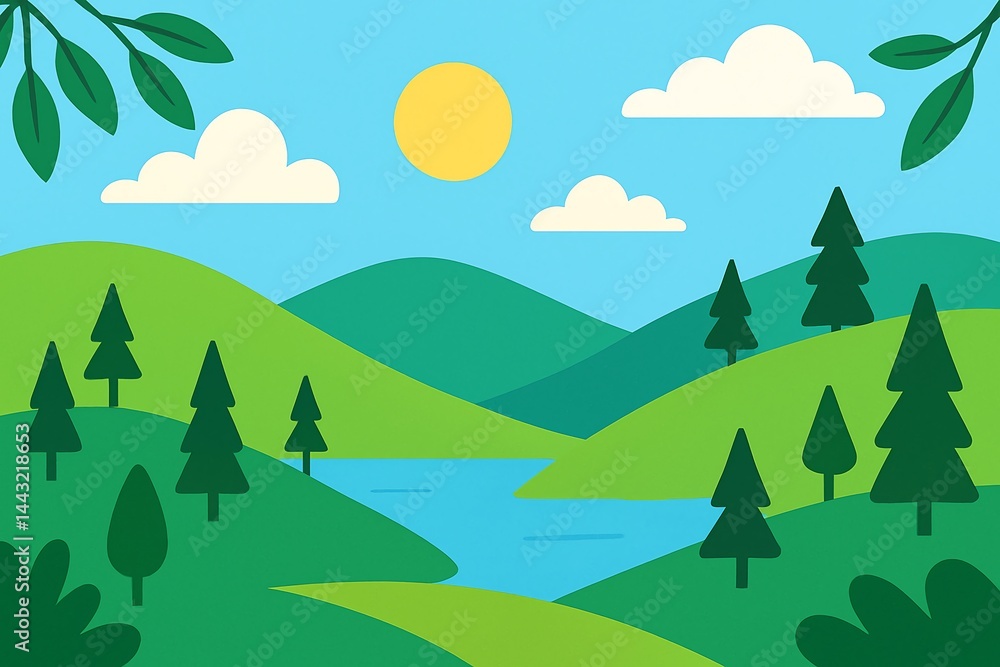 Flat Design Landscape Illustration with Hills and Lake Flat Design Landscape Illustration with Hills and Lake