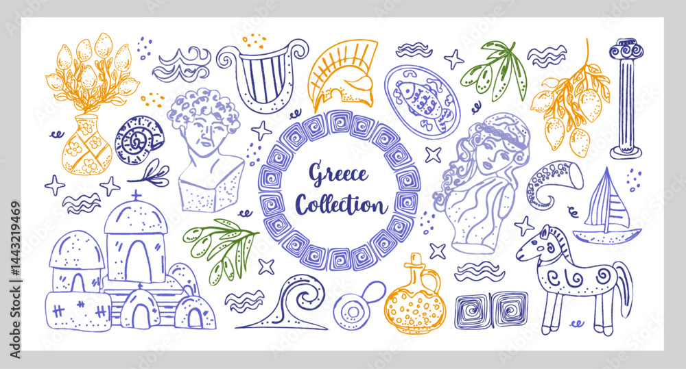 Fototapeta premium Greece Collection Hand drawn line art chalk and charcoal vector Mediterranean illustrations inspired by Greece architecture, statues, olive branches, lemons, pottery, sea elements, and mythical vibes.