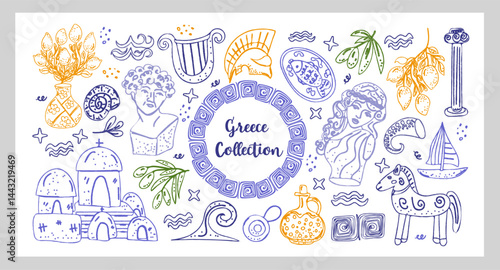 Greece Collection Hand drawn line art chalk and charcoal vector Mediterranean illustrations inspired by Greece architecture, statues, olive branches, lemons, pottery, sea elements, and mythical vibes.