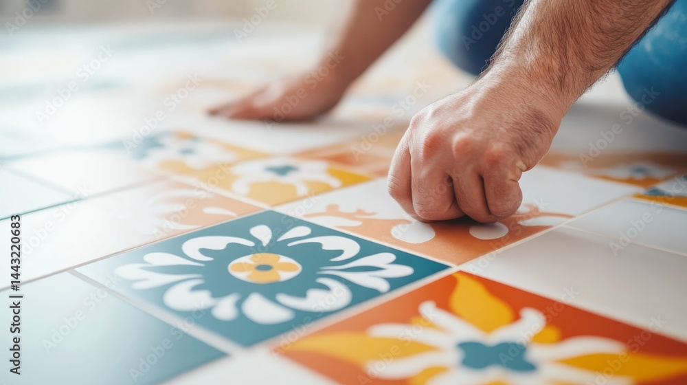 Fototapeta premium A person carefully places and adjusts decorative ceramic tiles with vibrant patterns on a renovated floor, showcasing skilled craftsmanship and attention to detail