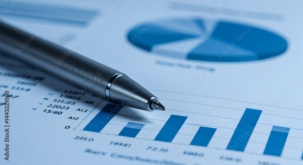 Silver Pen on Blue Business Graph Pie Chart Financial Data Analysis Silver Pen on Blue Business Graph Pie Chart Financial Data Analysis