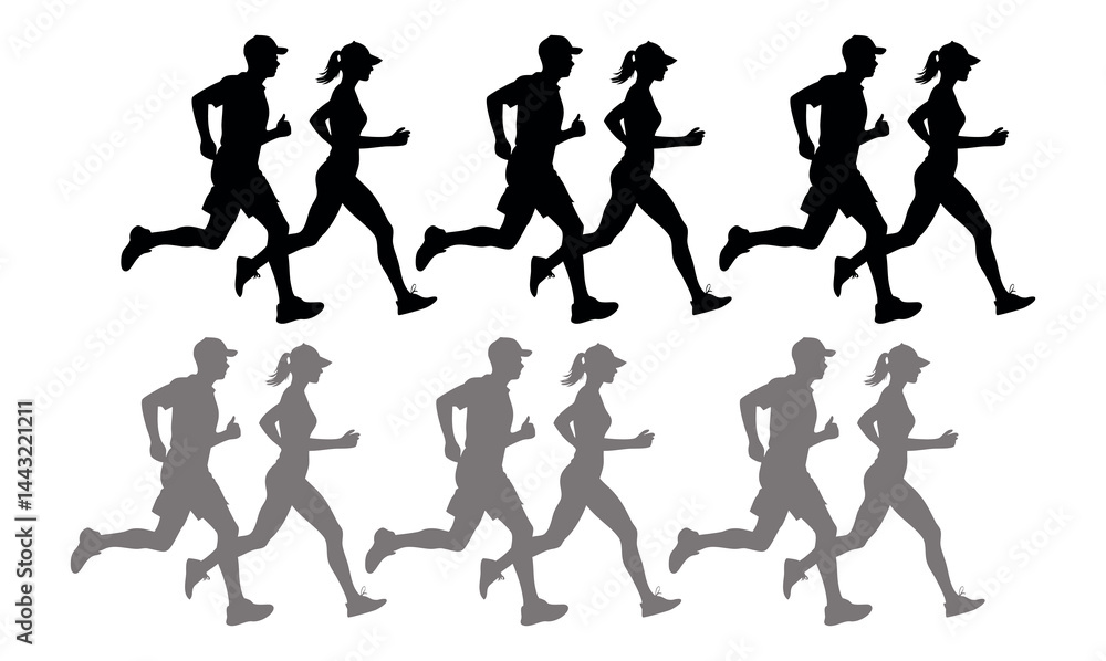 Running Silhouettes of Men and Women in Various Running Positions, fitness, sport, exercise, runners, marathon, triathlon, healthy lifestyle, running, vector black silhouettes of men and women running Running Silhouettes of Men and Women in Various Running Positions, fitness, sport, exercise, runners, marathon, triathlon, healthy lifestyle, running, vector black silhouettes of men and women running