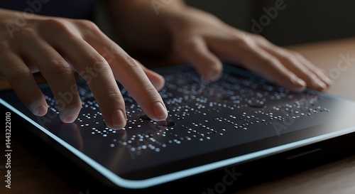 Blind person reading braille displayed on a haptic touchscreen device