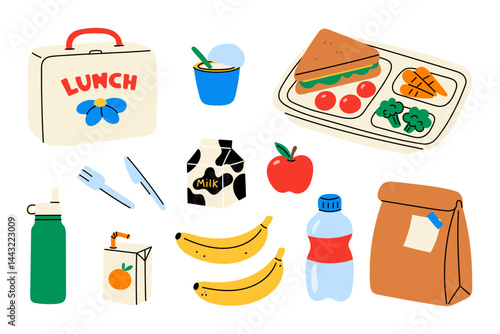 School lunch set. Cute cartoon lunch box, food tray with sandwich and vegetables, juice box, fruits, milk carton, water bottle, paper bag with note. Flat vector illustration