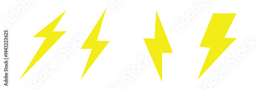 Lightning bolt icons set isolated on white background. Black flash symbol, thunderbolt vector illustration. Simple lightning strike sign