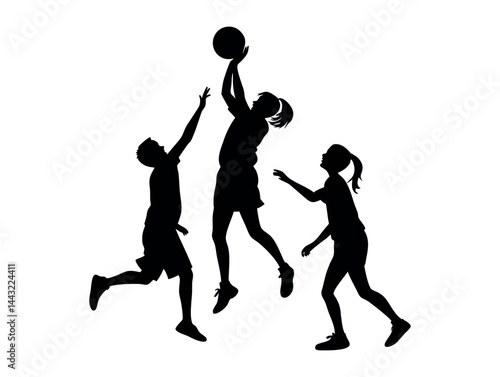 Silhouette of Children Playing Basketball, Dynamic silhouette of children playing basketball, showcasing various stages of the action. children, kids, boys, basketball, playing, sport, activity, jumpi