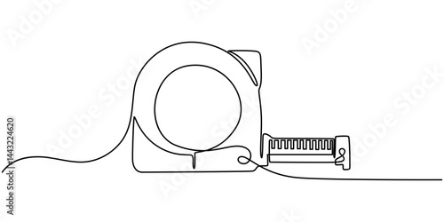 Measuring tape  in one continuous line drawing. Symbolizing industrial tools and craftsmanship, Tape measure in line art drawing style. Flexible ruler black line sketch on white background.