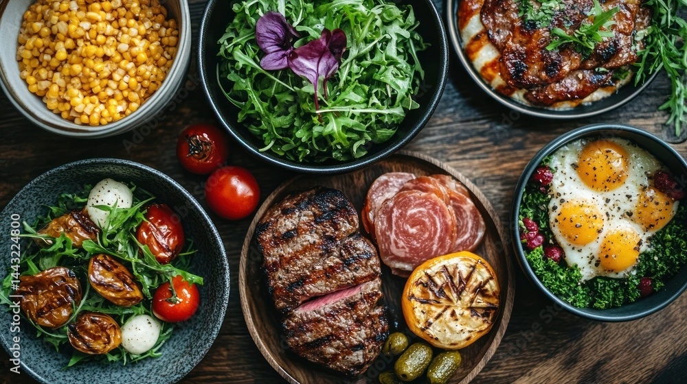 Assorted gourmet meal with diverse dishes Assorted gourmet meal with diverse dishes