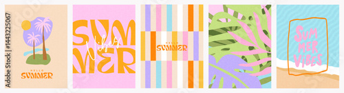 Creative concept of summer vacation cards set with abstract pattern, tropical leaves, plants, palms and sea beach. Modern art design templates for ads, branding, banner, cover, label, poster, print