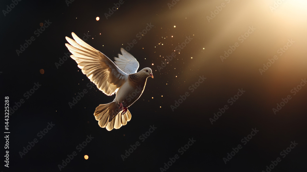A dove is flying through the air, its wings spread wide, illuminated by warm golden light. Dust particles shimmer around it, creating an ethereal atmosphere. The setting feels peaceful and uplifting