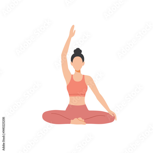 Young woman practicing yoga in a meditative pose with one arm raised against a white background